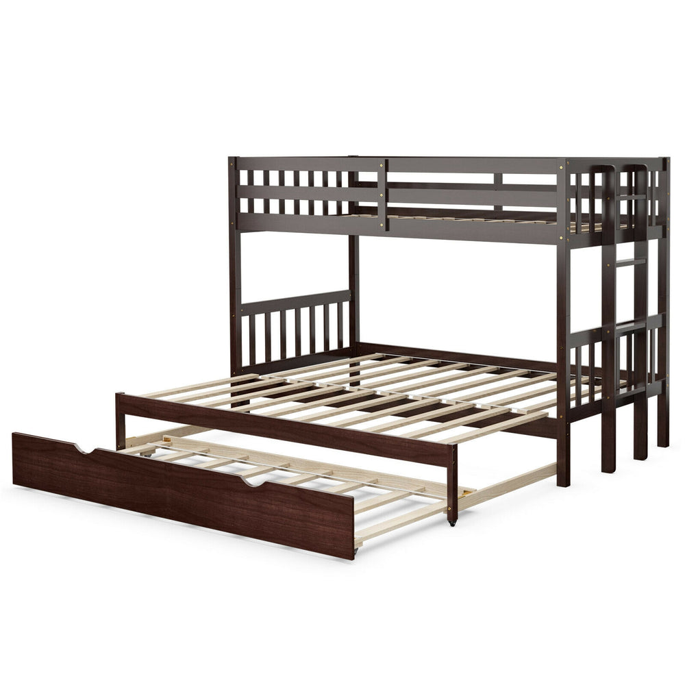 Twin pull-out bunk bed in espresso with trundle and wooden ladder, designed for stability and space-saving versatility.