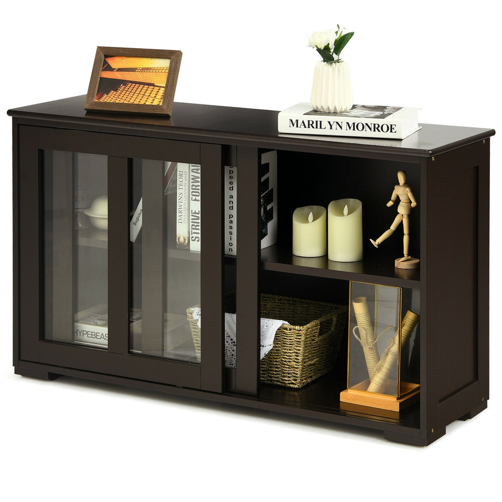 Brown sideboard buffet cupboard with sliding glass doors, featuring two shelves and a spacious top for storage or.