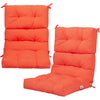 Single tufted outdoor patio chair cushion in vibrant orange, featuring soft sponge and durable string ties for secure.