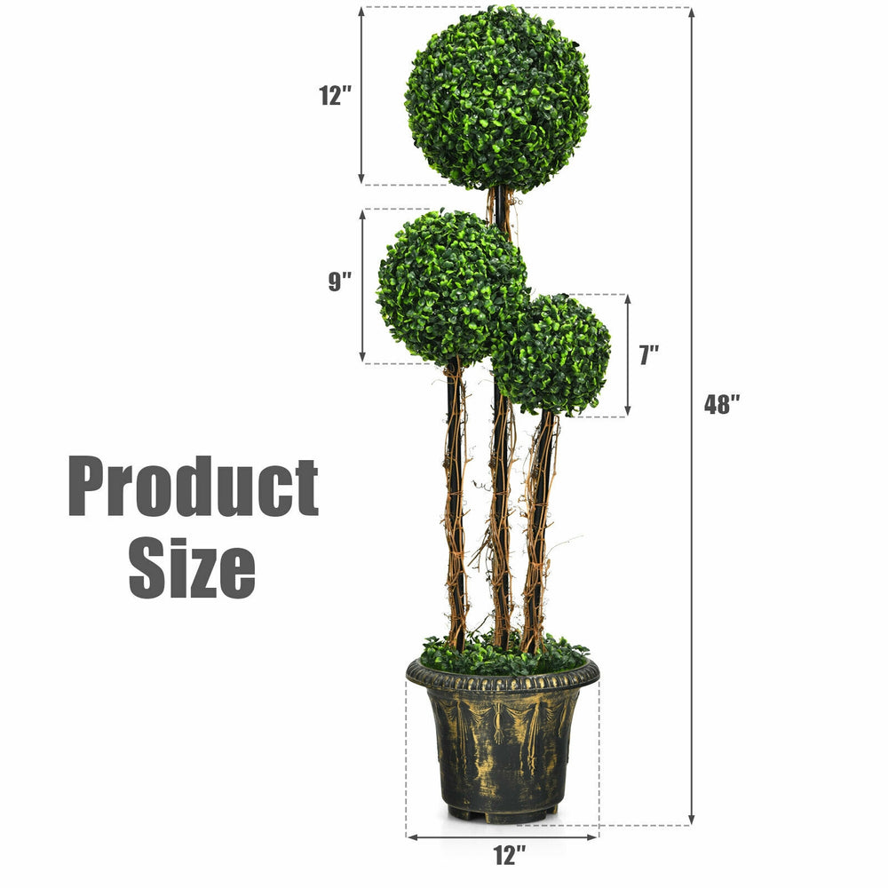 Artificial UV resistant topiary triple ball tree plant, 48 inches tall, with non-toxic PE leaves for outdoor decor.