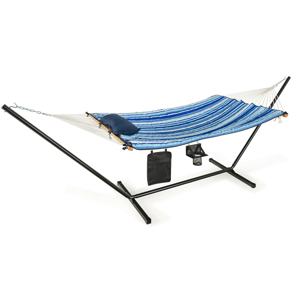 Hammock chair stand set showcasing a stable steel frame, soft mat, and convenient cup holder for ultimate outdoor.