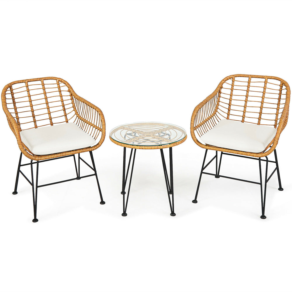 Cushioned chair from the rattan furniture set featuring a durable steel frame, perfect for outdoor lounging and comfort.