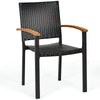 Black PE rattan dining chair with acacia wood armrests, perfect for outdoor patio or poolside relaxation.