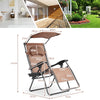 Folding recliner lounge chair in brown with adjustable shade canopy and cup holder, ideal for outdoor relaxation.