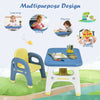 Kids activity table and chair set in blue, featuring ergonomic design and storage, perfect for learning and playing.