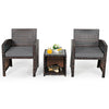 3-piece PE rattan wicker furniture set with gray cushions, featuring two chairs and a coffee table for outdoor.
