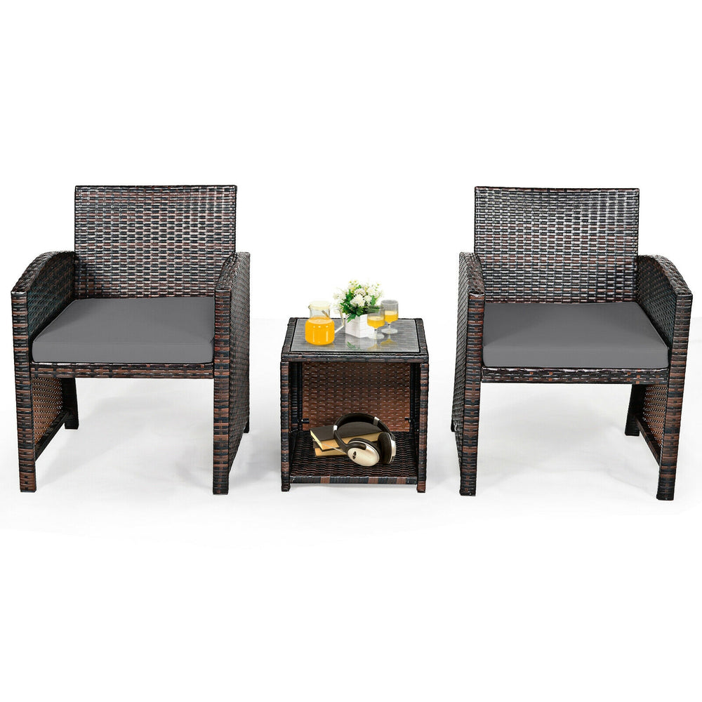 3-piece PE rattan wicker furniture set with gray cushions, featuring two chairs and a coffee table for outdoor.