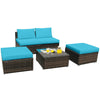 5-piece patio rattan furniture set with turquoise cushions, including armless sofa, ottomans, and coffee table for.