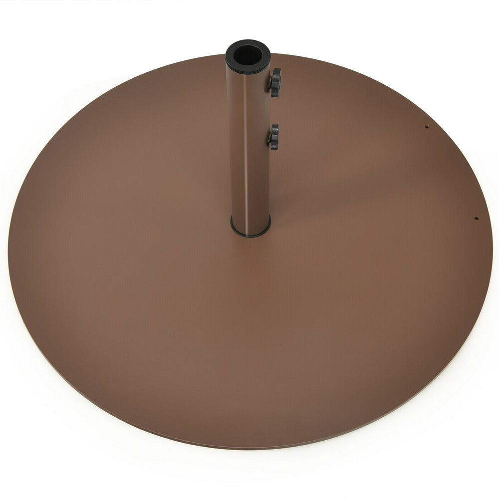 Heavy-duty 29.5-inch steel umbrella base stand with powder coating and two hand tightening knobs for stability.