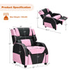 Kids PU leather gaming sofa recliner in pink with adjustable backrest and footrest, perfect for gaming and relaxation.