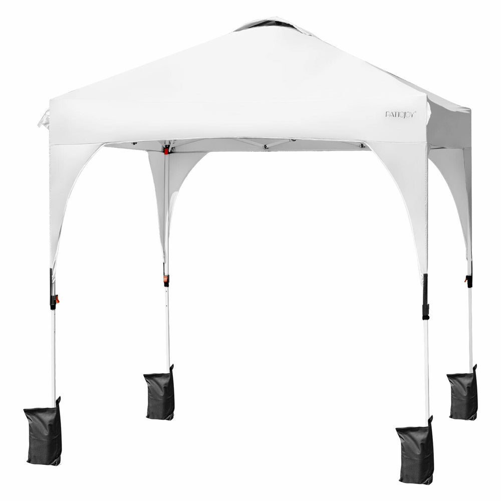 Side view of the 6.6 x 6.6 FT white pop-up canopy tent showcasing its stability features and adjustable height for.