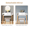 Wooden makeup dressing table set with detachable round mirror, featuring a drawer and cushioned stool for versatile use.