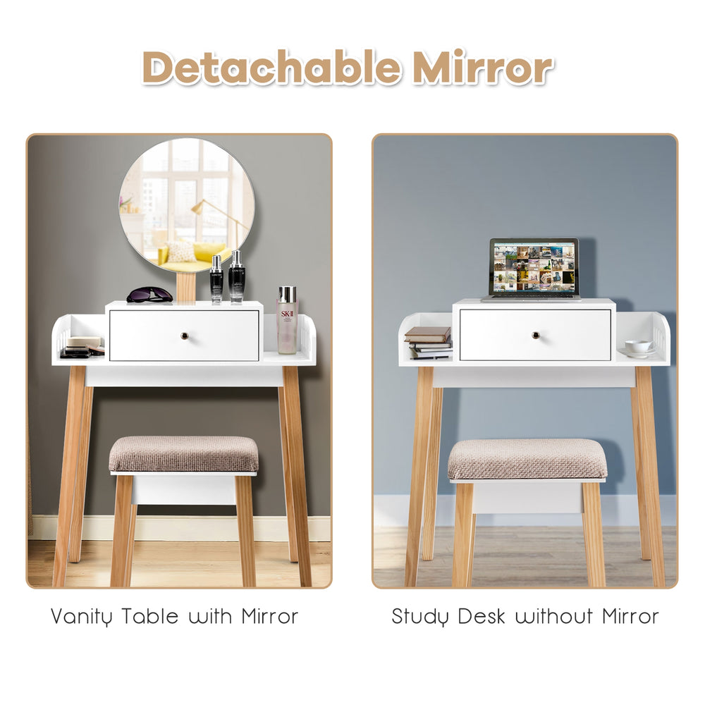 Wooden makeup dressing table set with detachable round mirror, featuring a drawer and cushioned stool for versatile use.