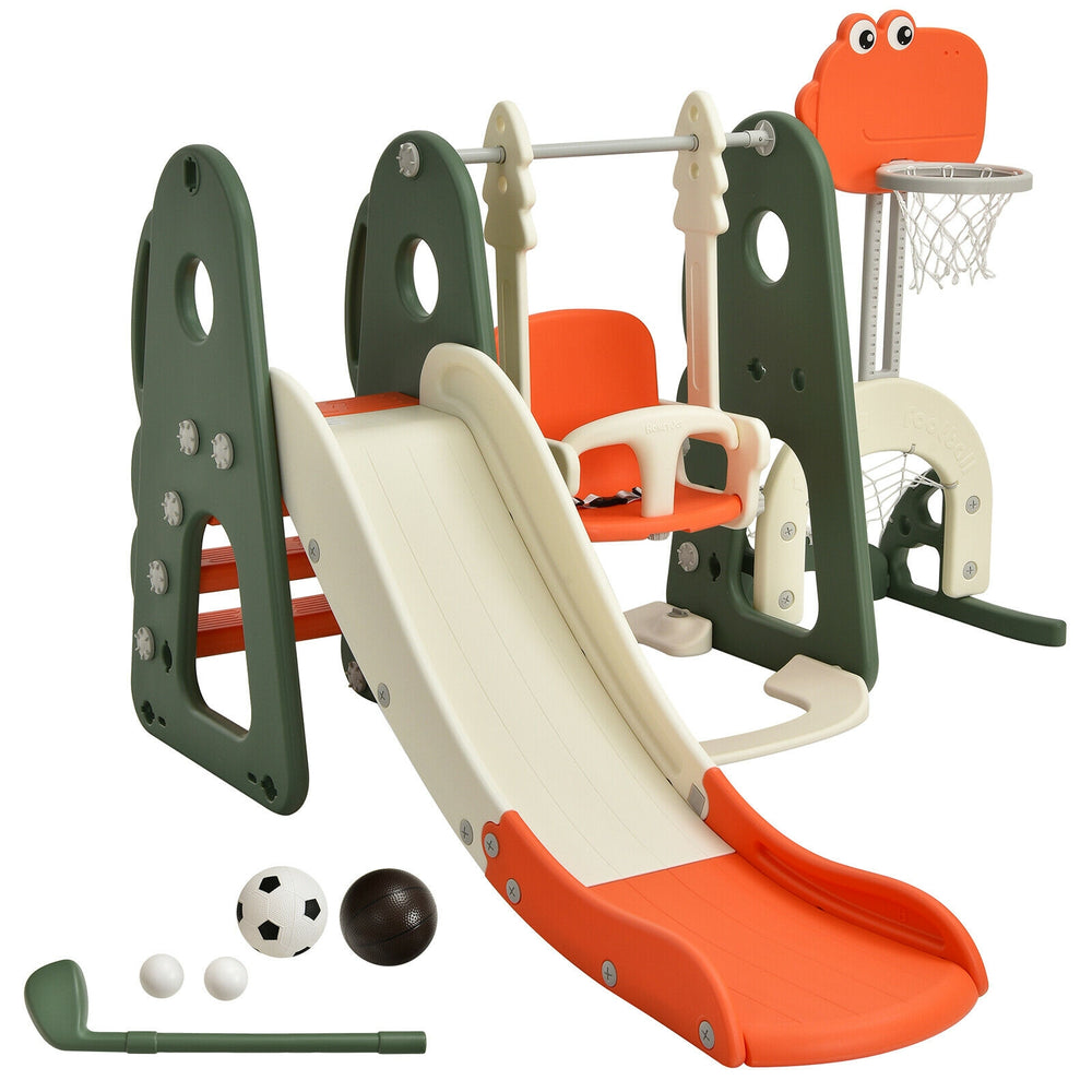 Colorful 6-in-1 toddler slide and swing set with basketball hoop, football gate, and adjustable swing for active play.