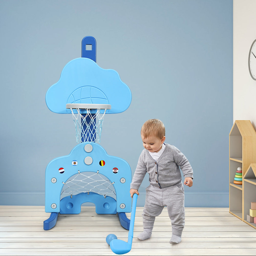 Toddler playing with the 3-in-1 kids basketball hoop set in blue, featuring adjustable height for ages 2 to 7.