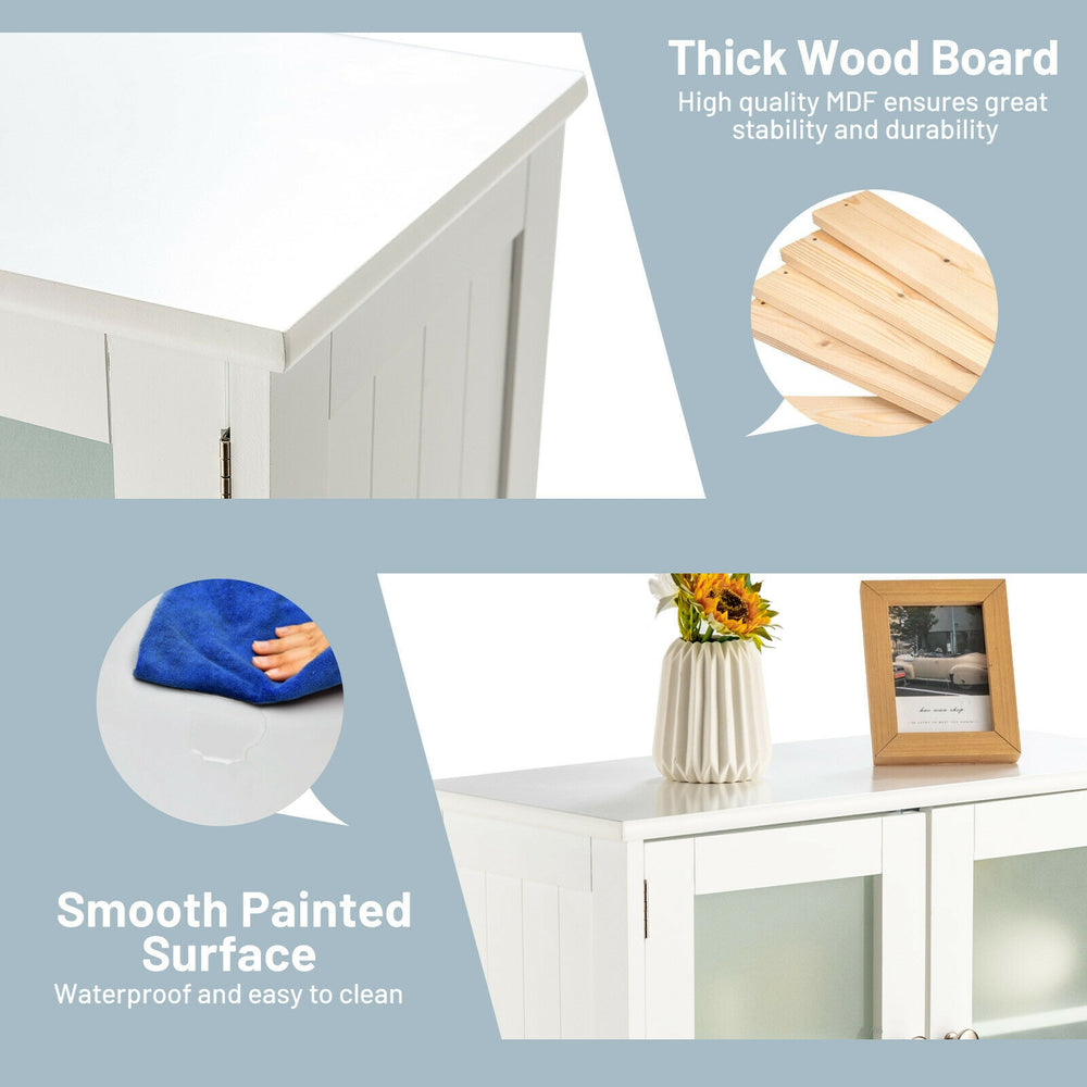 Thick MDF wood board and smooth painted surface of the white bathroom storage cabinet, ideal for organized storage.