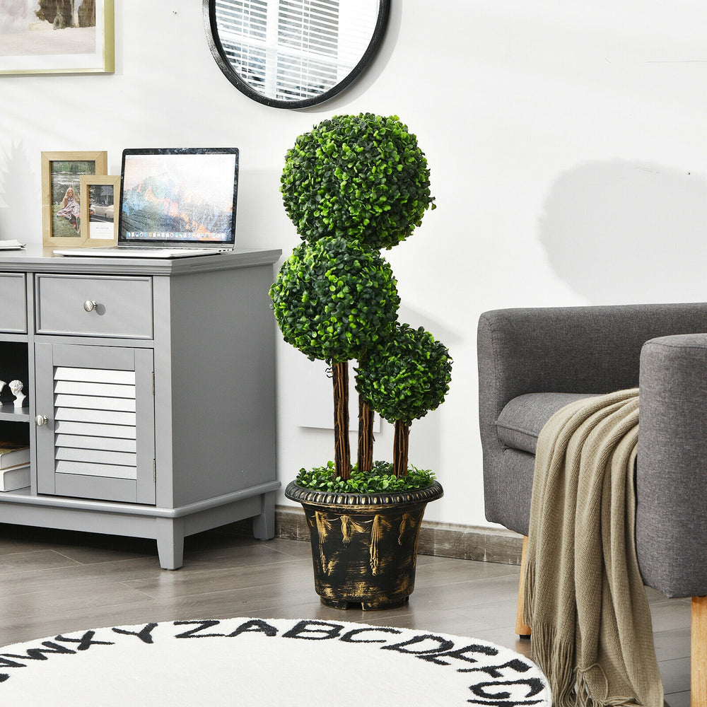 36-inch artificial topiary triple ball tree featuring a sturdy iron tube and decorative cement pot, suitable for any.