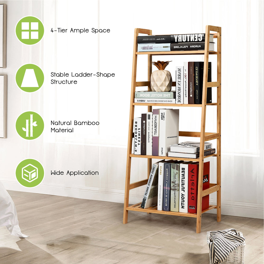 4-tier bamboo plant rack with guardrails, stable trapezoidal structure, ideal for organizing items in living room or.
