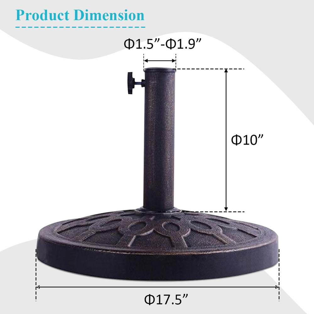 Heavy-duty 30lbs patio umbrella base with decorative bronze finish, measuring 18 inches in diameter for secure support.