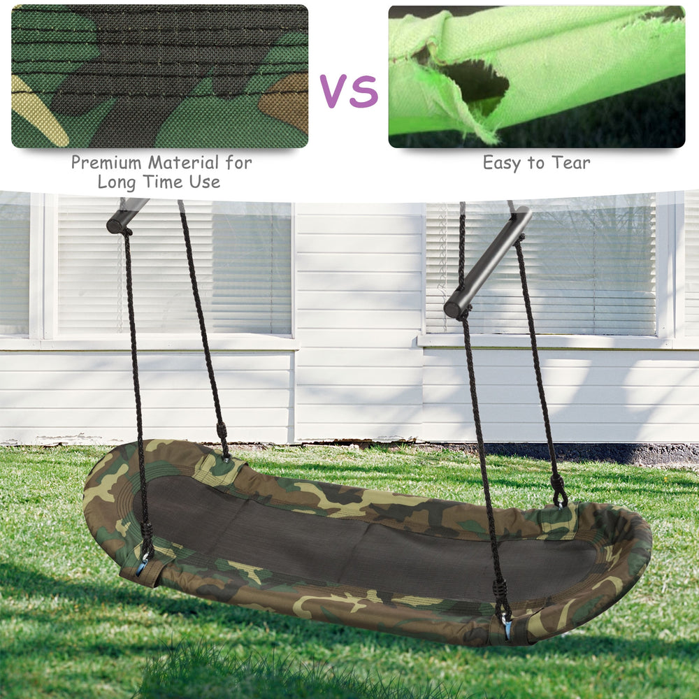 Saucer tree swing in camouflage design, made of durable oxford cloth and metal frame, adjustable height for versatile.