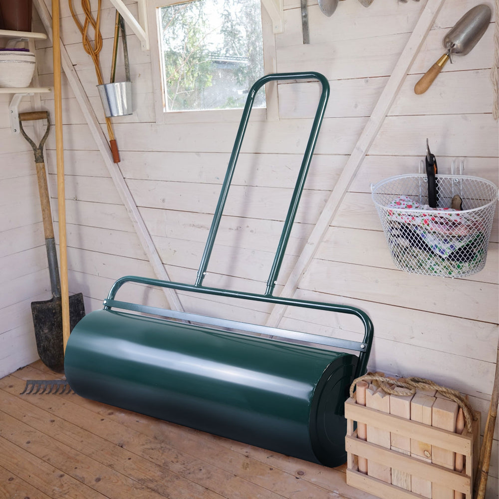 36-inch water-filled metal lawn roller with U-shaped handle, ideal for leveling ground in gardens and patios.