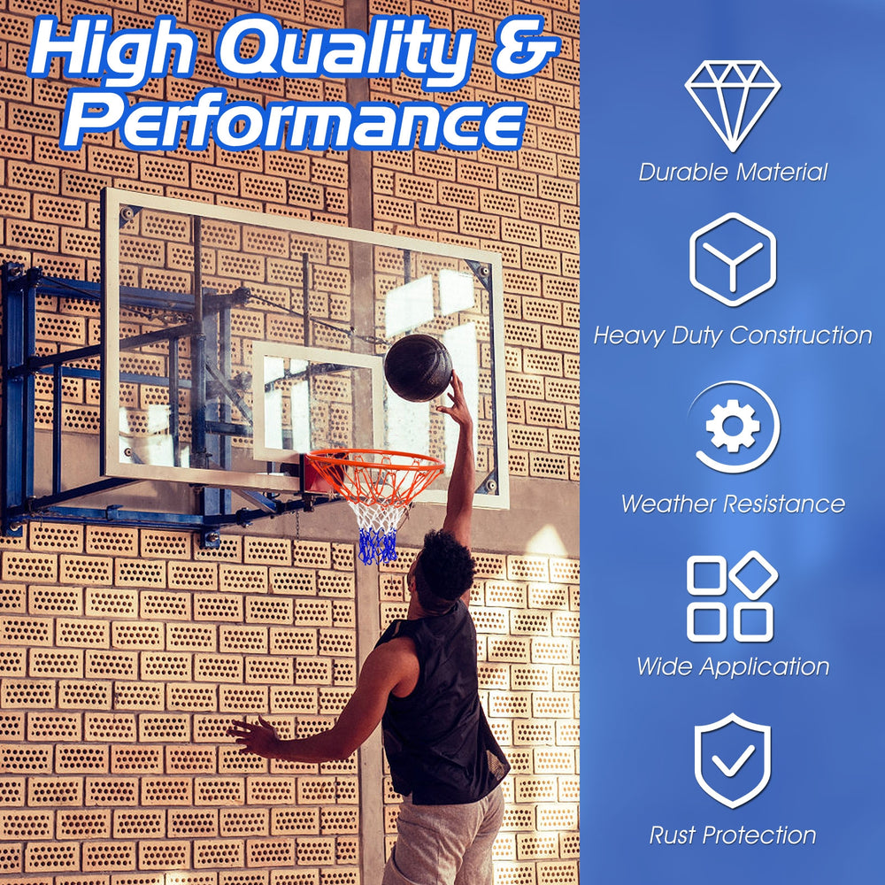 18-inch red basketball rim with all-weather net, featuring durable steel construction for indoor and outdoor play.