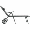 Gray patio reclining chaise lounge with adjustable neck pillow, foldable design, and wheels for easy movement.