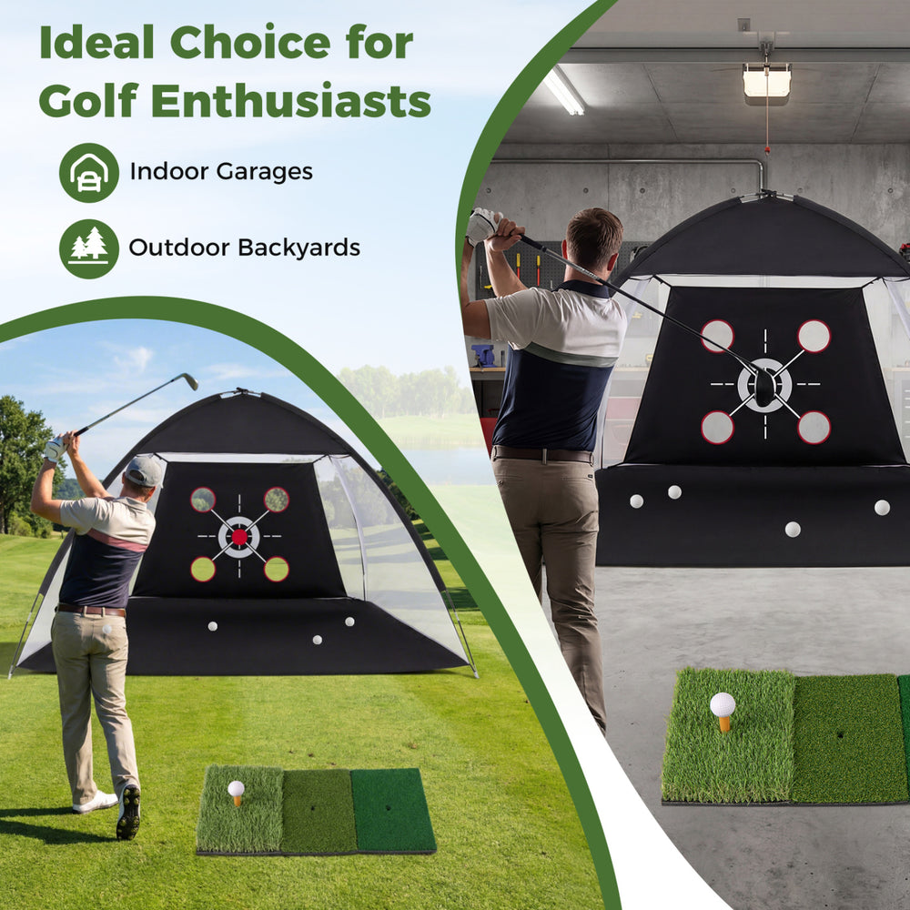 Golf practice net with foldable tri-turf mat features multiple target zones for swing and chipping practice in various settings.
