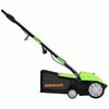 13-inch electric scarifier in green with a collection bag, featuring adjustable depth and removable blades for.
