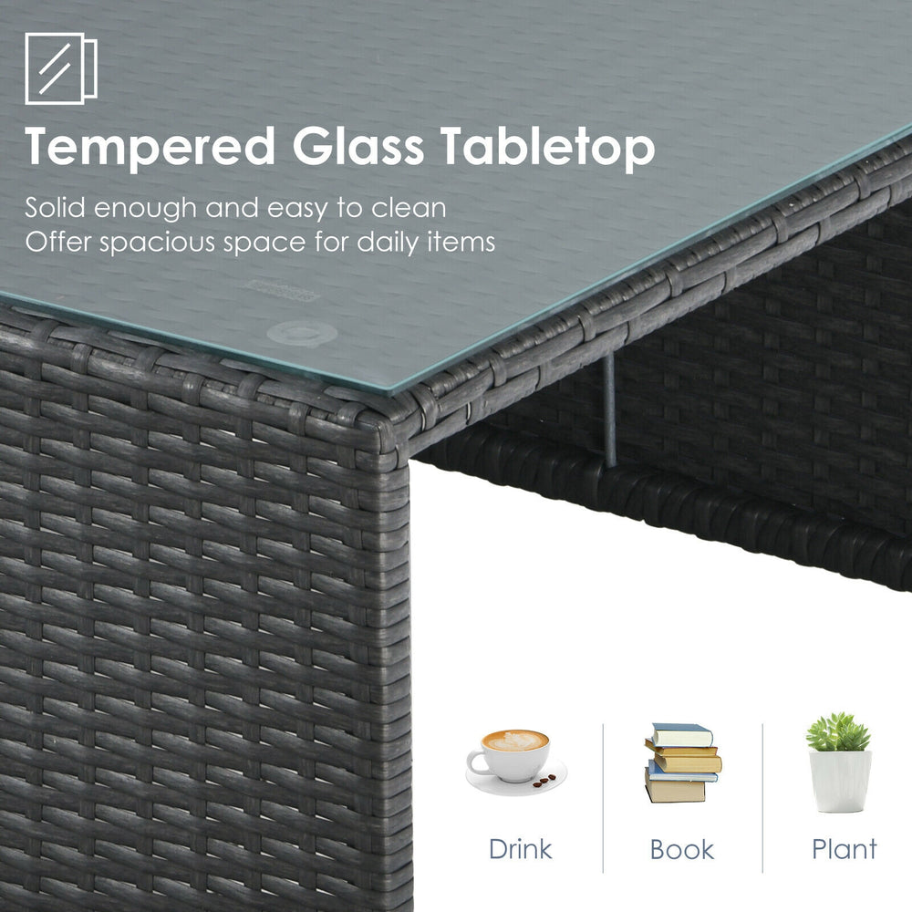 Tempered glass tabletop of a gray patio rattan furniture set, offering spacious storage for drinks and decor.