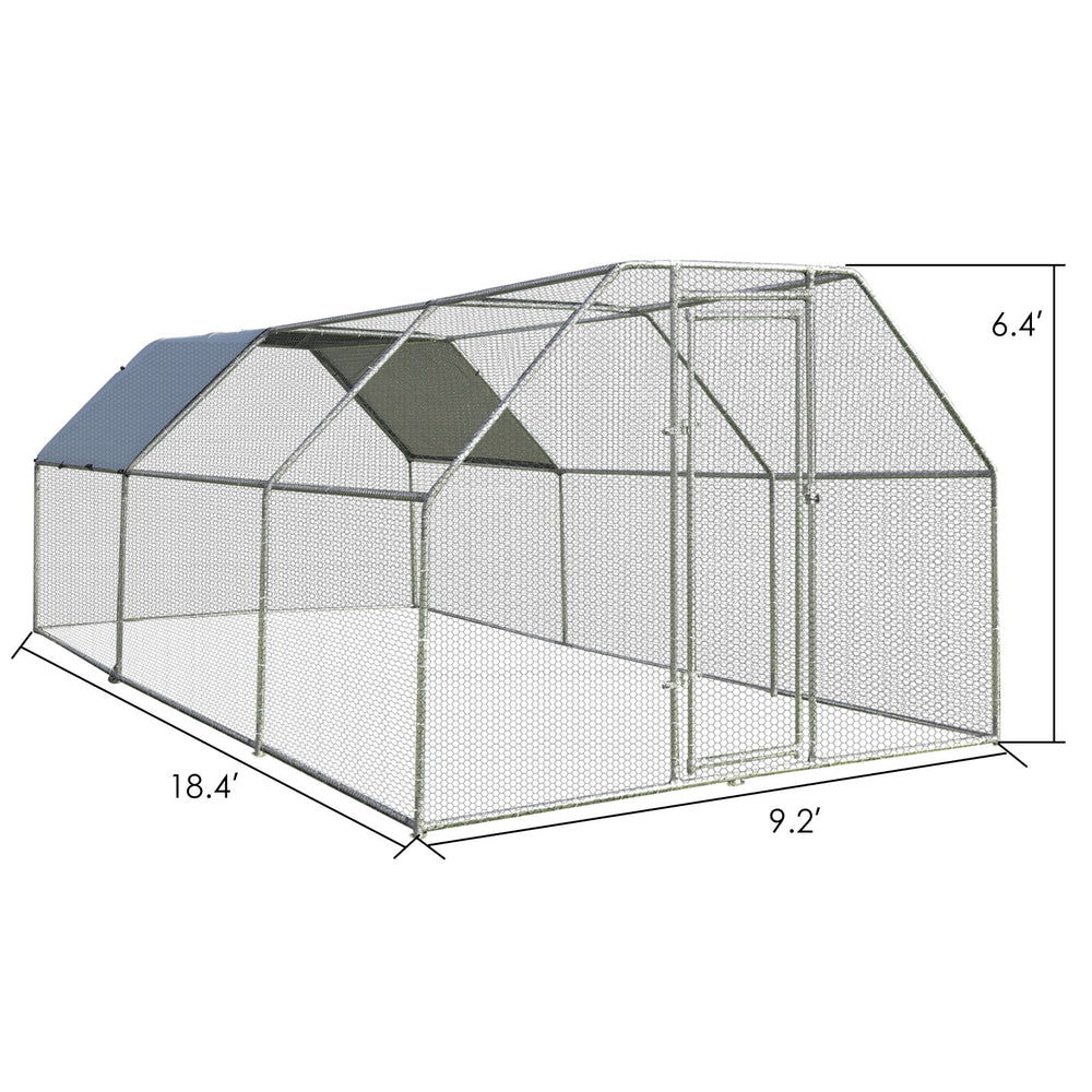 Large walk-in chicken coop measuring 9.5 x 19 feet with galvanized steel frame and PVC coated hexagonal wire mesh for.