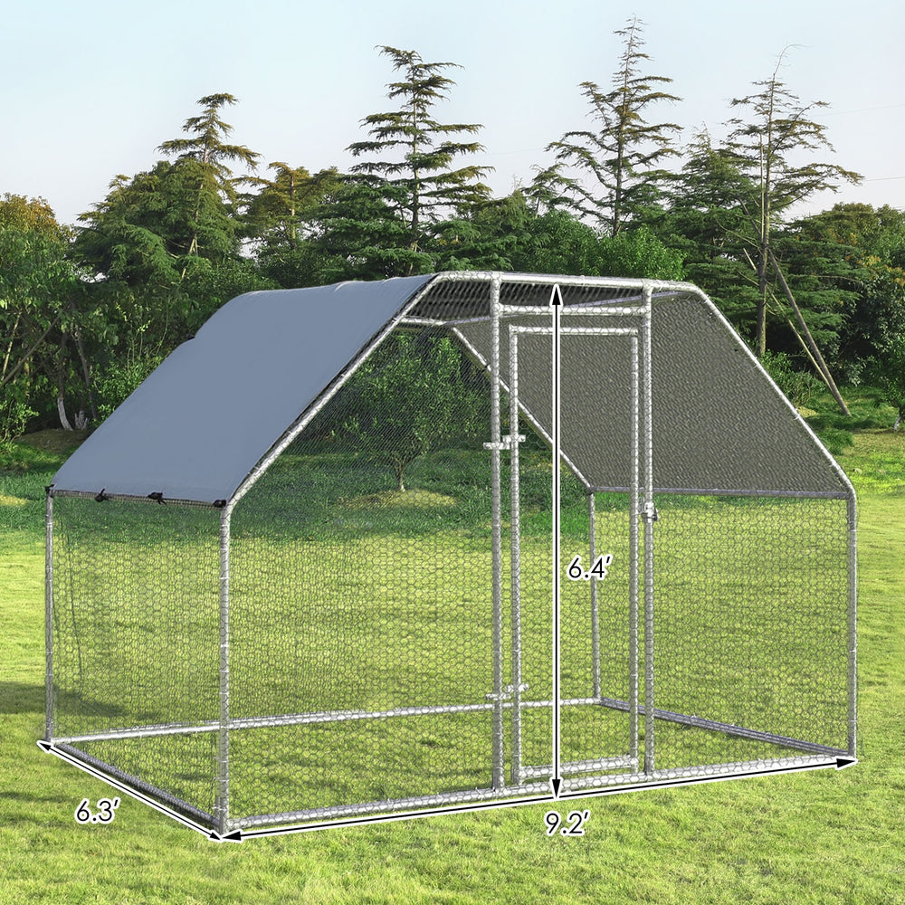 Large walk-in chicken run cage with galvanized steel frame, PVC coated wire mesh, and waterproof cover for outdoor use.
