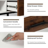 Close-up of the 42-inch industrial console table's waterproof surface and convenient handle for easy drawer access.
