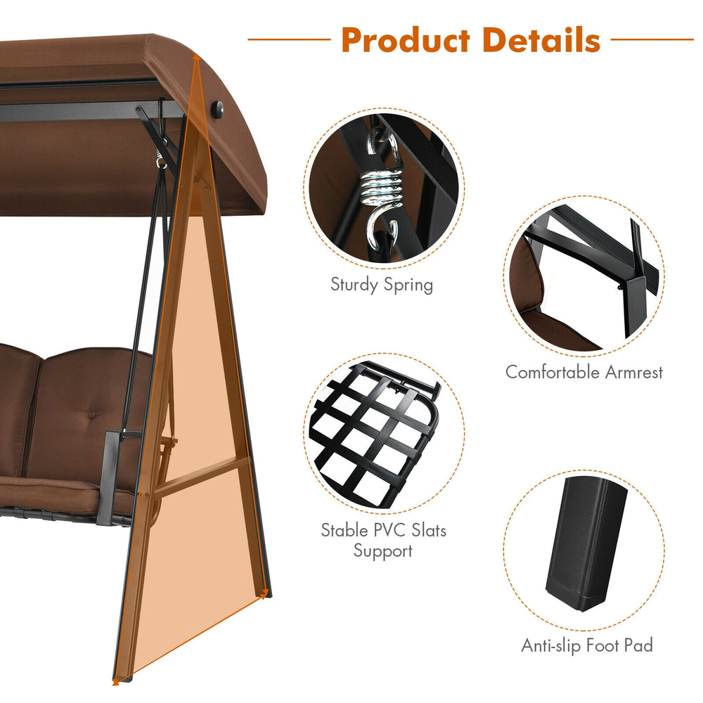 Detail of the outdoor 3-seat porch swing showcasing sturdy spring, comfortable armrest, and anti-slip foot pad for.
