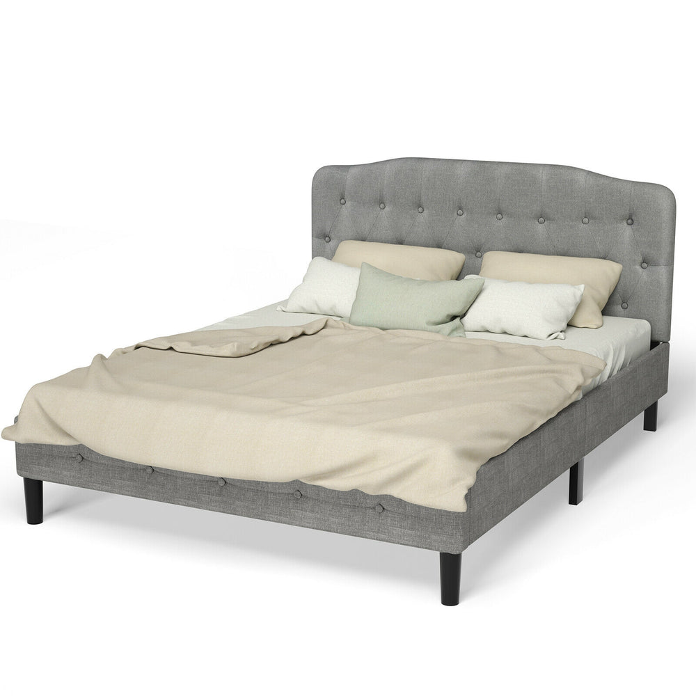 Queen upholstered headboard in light gray with adjustable heights, featuring button detailing and a soft sponge for.