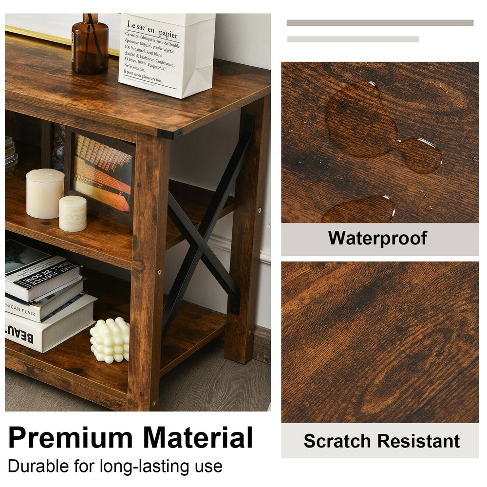 3-tier wood TV stand in brown with open shelves, X-shaped frame, waterproof and scratch-resistant for living room use.
