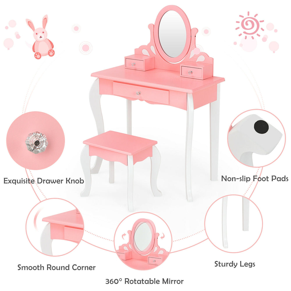 Kids vanity dressing table set in pink with 360-degree mirror, three drawers, and sturdy stool for safe play.