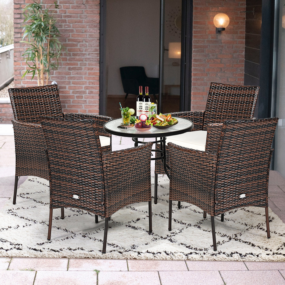 Set of 2 outdoor PE rattan armchairs with removable waterproof cushions, perfect for patio or garden relaxation.