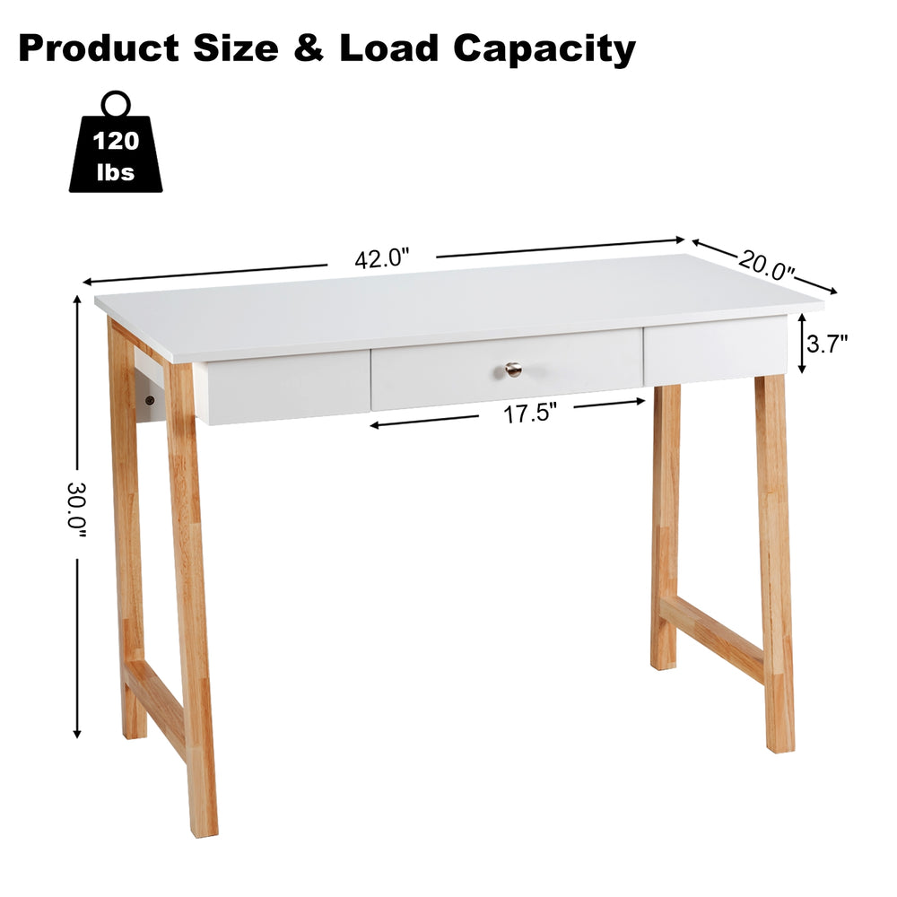 Computer desk with white P2MDF top and rubberwood legs, featuring a large drawer for versatile storage and use.