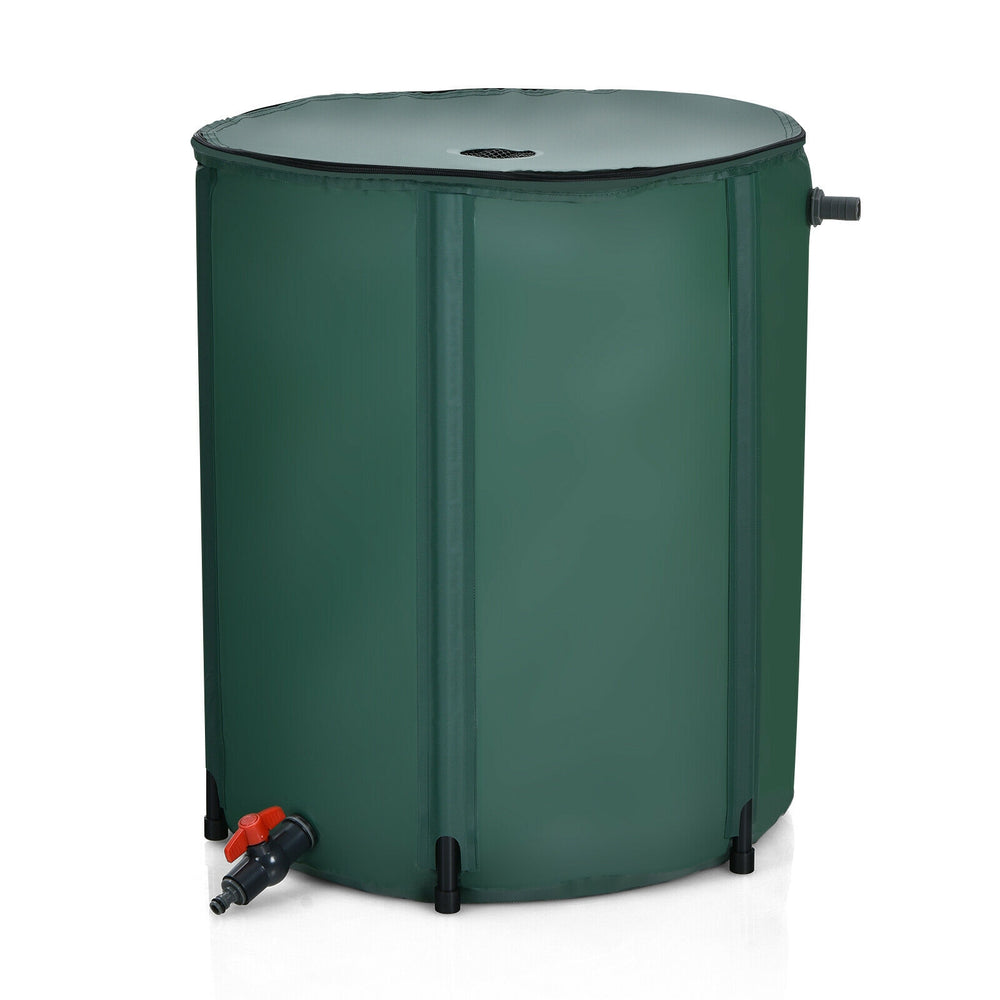 Portable 53-gallon collapsible rain barrel in green, designed for easy water collection in gardens, with zippered mesh.