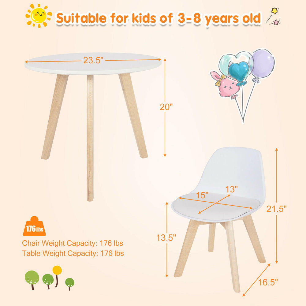 Kids activity play table and 2 chairs set with beech legs, white cushion, perfect for safe and comfortable playtime.