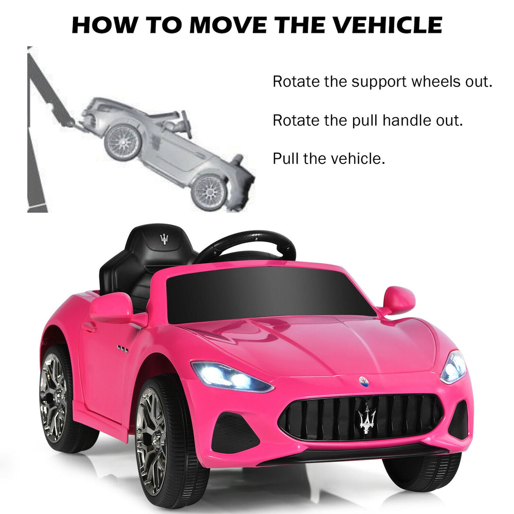 Front view of the pink 12V Maserati kids ride-on car showcasing the sleek design and comfortable seating for young.