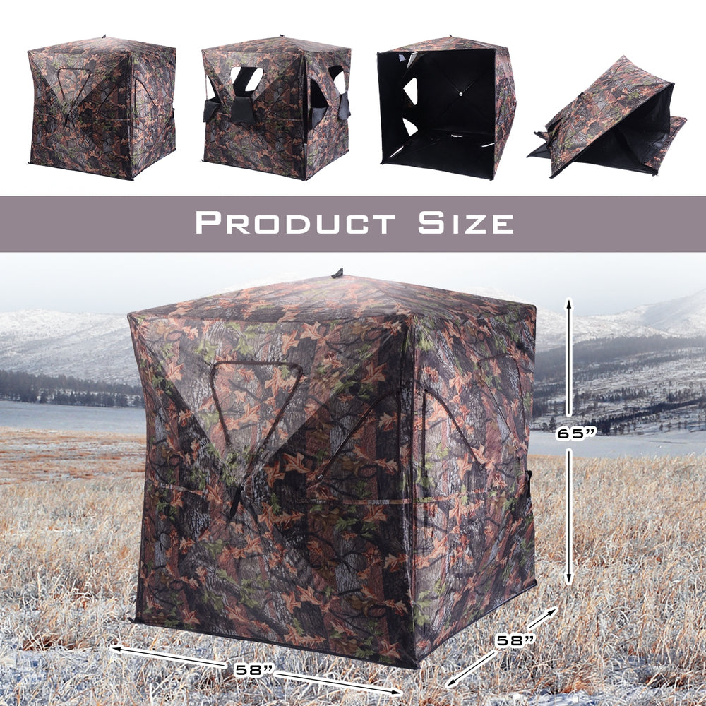 Portable deer hunting blind in camo design, featuring 360° visibility with six full view windows, 58" x 65" dimensions.