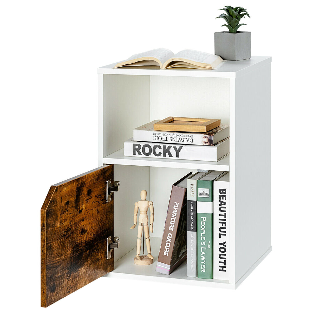 White nightstand with open shelf and cabinet, featuring a stylish design for versatile storage in living room or.
