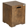16-inch outdoor hideaway table with a rustic finish and gap for hose placement, perfect for patio and backyard use.