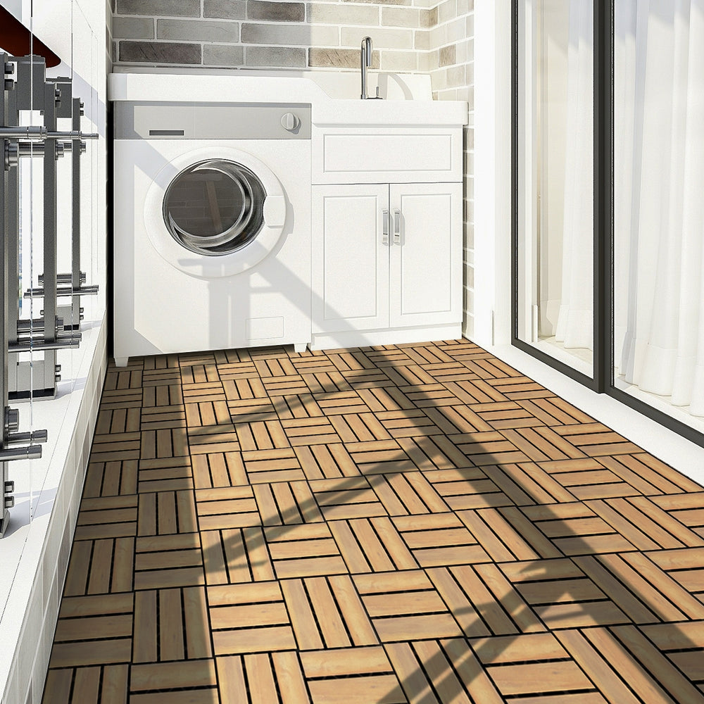 Acacia wood interlocking tile flooring in a laundry area, showcasing a rustic design and durable PVC base for drainage.