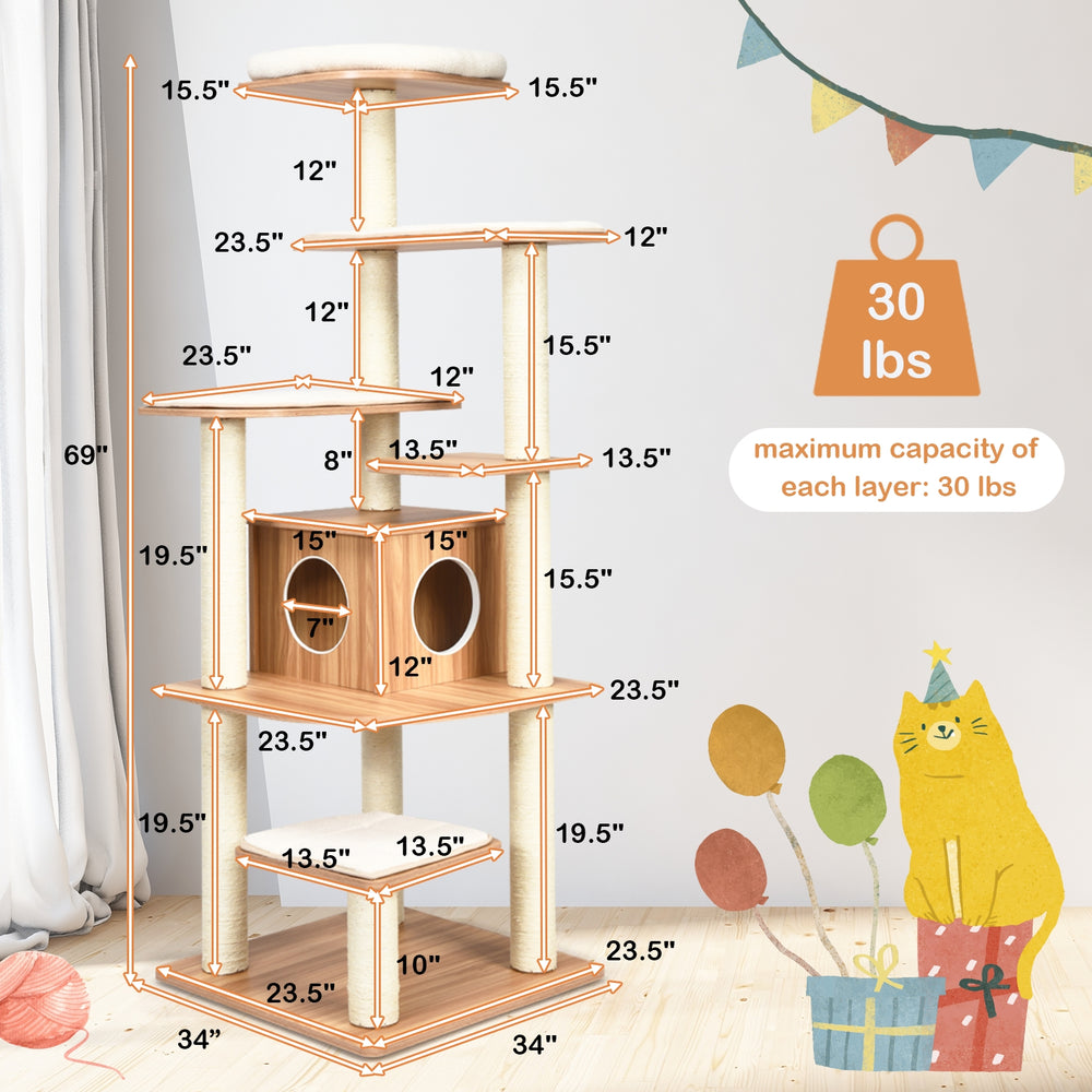 7-layer wooden cat tree with sisal posts, featuring 6 platforms and a condo, ideal for climbing and scratching.
