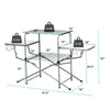 Foldable outdoor BBQ table with heat-resistant aluminum top, side shelves, and hooks, ideal for camping and tailgating.
