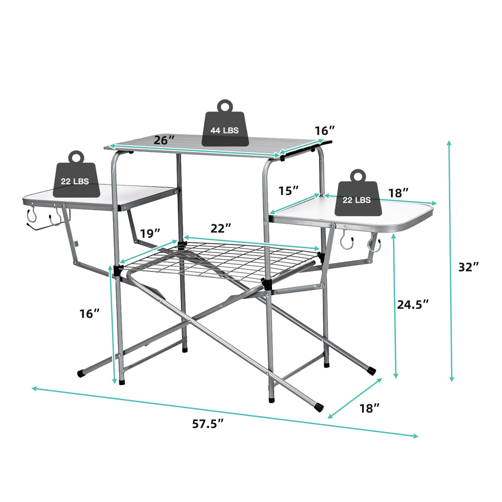 Foldable outdoor BBQ table with heat-resistant aluminum top, side shelves, and hooks, ideal for camping and tailgating.