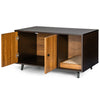 Cat litter box enclosure with double doors and divider, made of waterproof MDF, perfect for pet privacy and home decor.